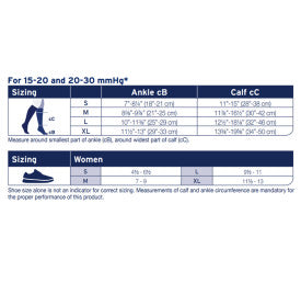 Measurement chart for ankle and calf sizes with corresponding shoe sizes.