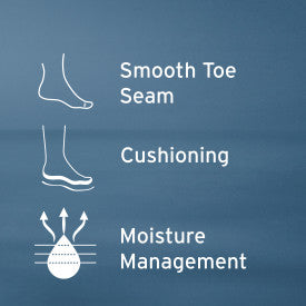 Diagram of foot with text 'Smooth Toe Seam', 'Cushioning', and 'Moisture Management' on a blue background.