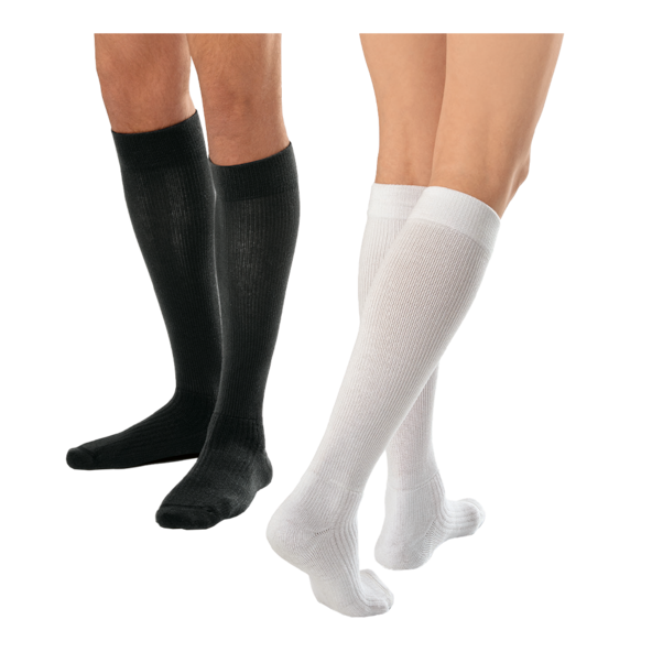 Two pairs of knee-high socks, one black and one white, on a white background.