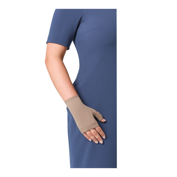 Person wearing a beige glove from Compressionsale on a white background.