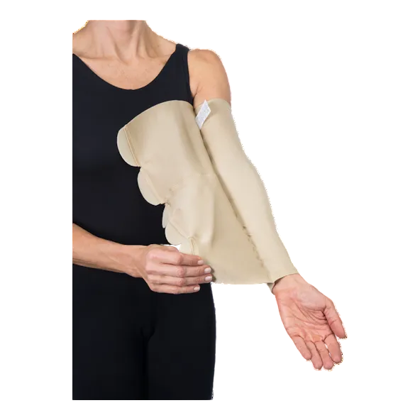 Beige arm brace on a person wearing a black sleeveless top against a white background