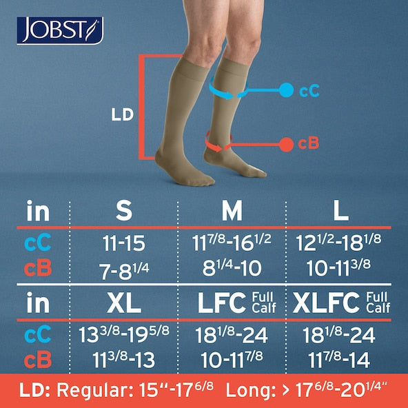 Knee-high compression stocking size chart with JOBST branding on a blue background