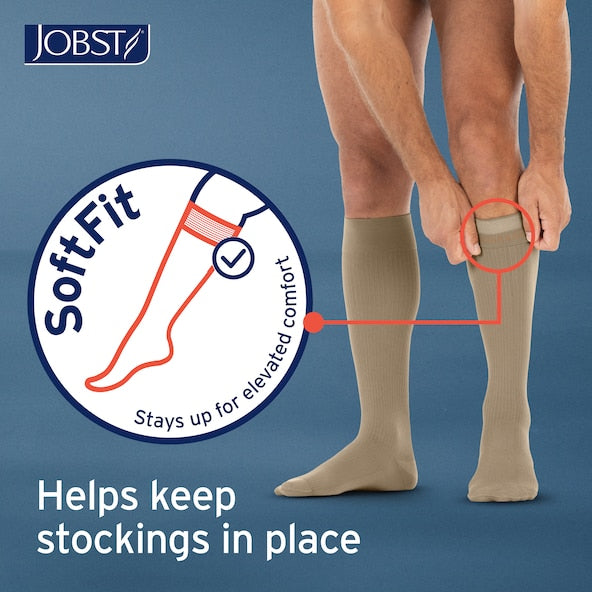 Person wearing beige compression stockings with JOBST branding and 'SoftFit' feature illustration on a blue background.