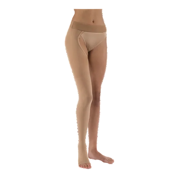 Beige tights worn by a person on a white background