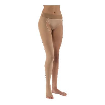 Beige tights worn by a person on a white background