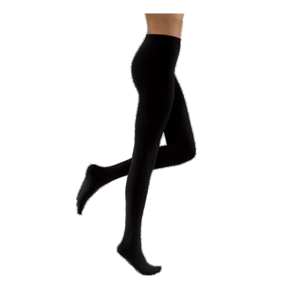Black tights worn by a person on a white background