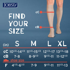 Jobst compression stocking size chart with measurements and shoe size conversion on a blue background