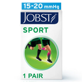 Jobst Sport compression stocking packaging with a person wearing the stockings on a white background