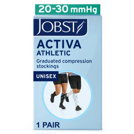 Box of Jobst Activa Athletic compression stockings with a person wearing the stockings from Compressionsale on a light blue background