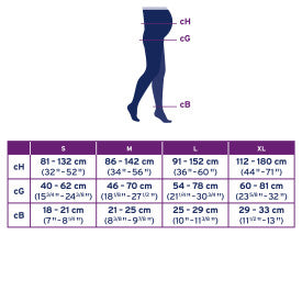 Leggings size chart from Compressionsale with a person wearing the leggings for reference