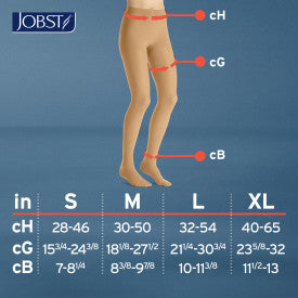 Jobst compression stocking size chart with measurements on a blue background