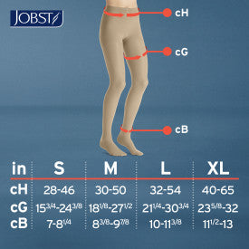 Jobst compression stocking size chart with measurements on a blue background
