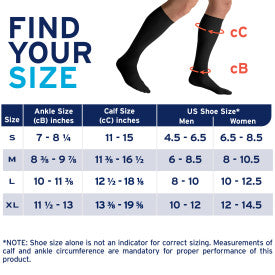 Size chart for socks with measurements and shoe size conversion.