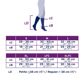 Measurement chart for sock sizes with dimensions and foot length indicators.