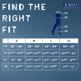 JOBST size chart for compression stockings with measurements on a blue background