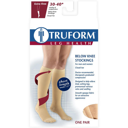 Truform leg health below knee stocking packaging on a white background 