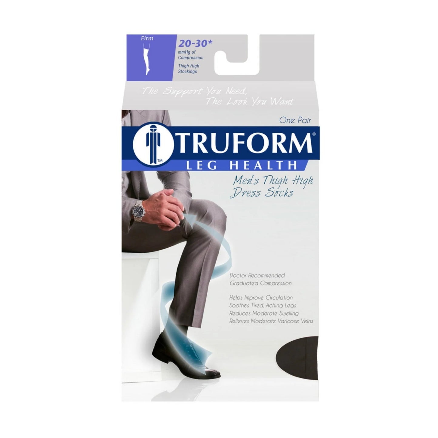 Truform leg health packaging for men's thigh high dress sticks on a white background