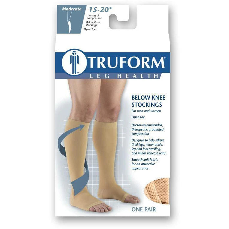 Truform below knee stocking packaging with a person wearing the stockings.