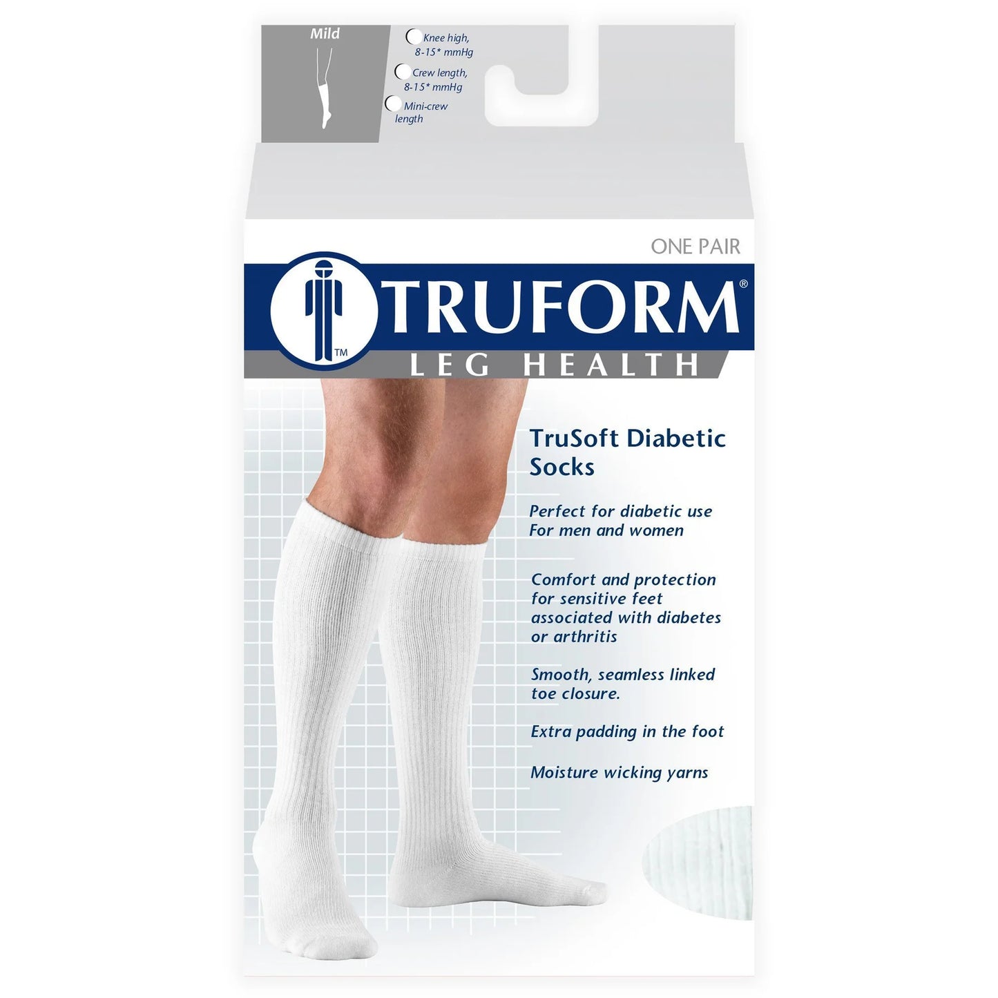 Truform TruSoft Diabetic Socks packaging with a person wearing socks.