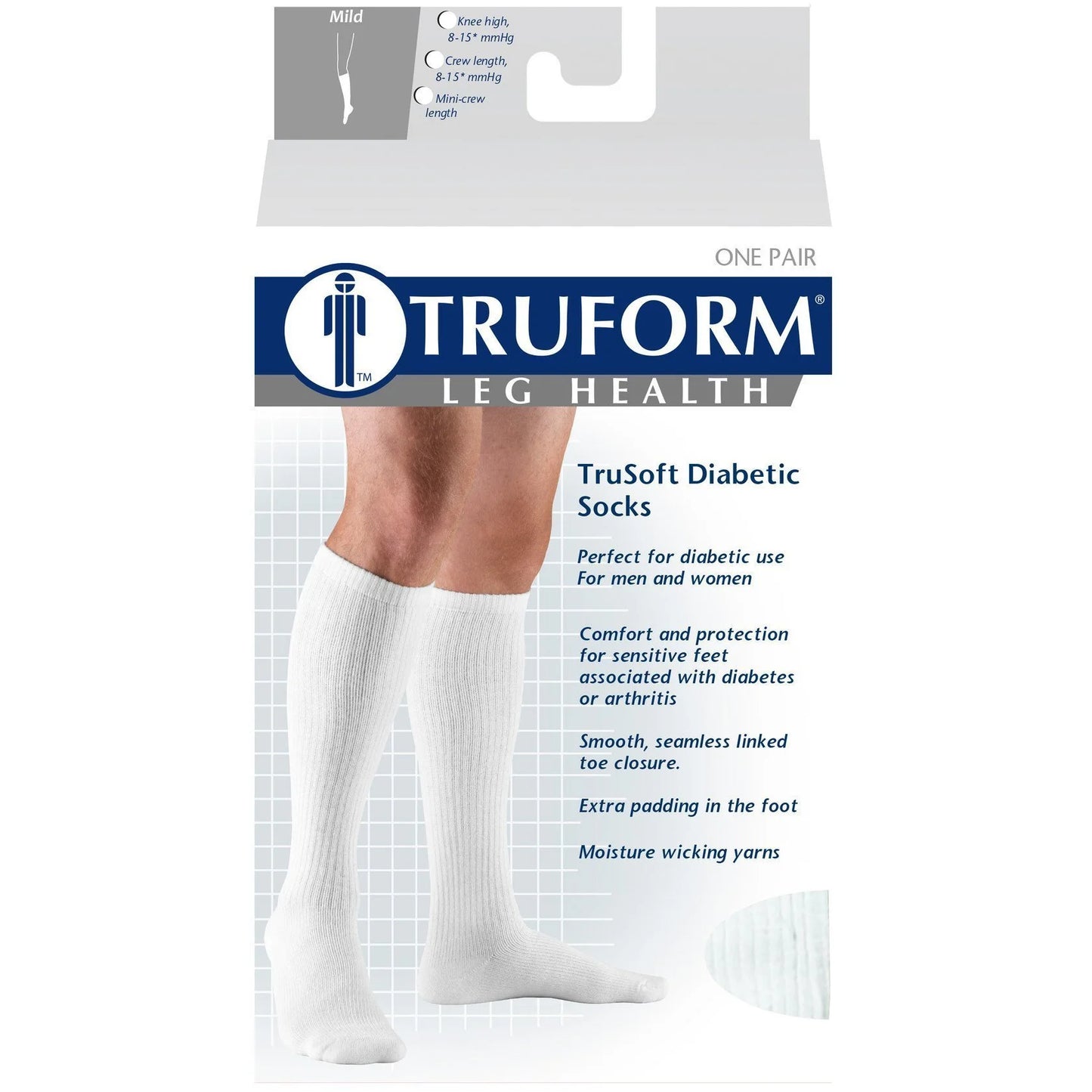 Truform diabetic socks packaging with a person wearing socks on a white background