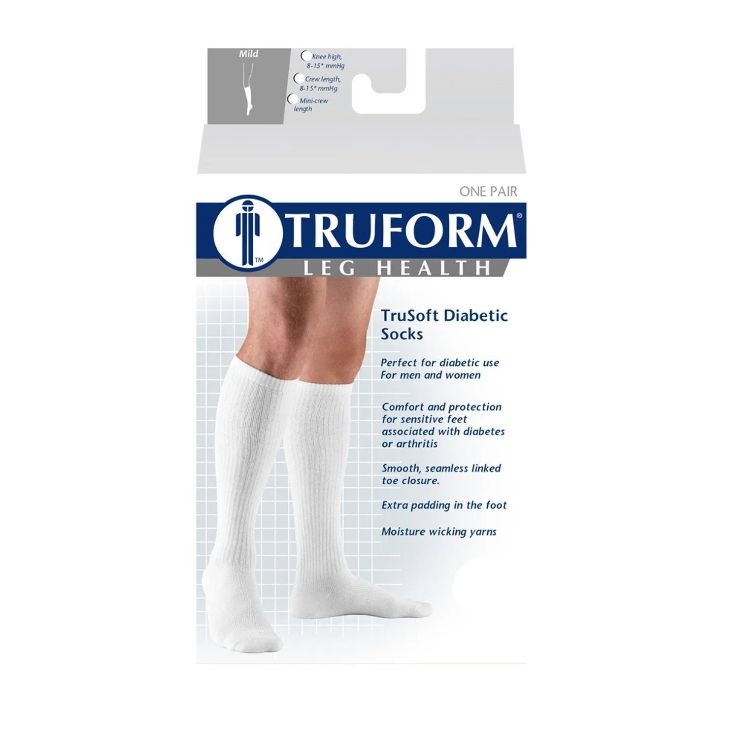Truform TruSoft Diabetic Socks packaging with a person wearing socks on a white background