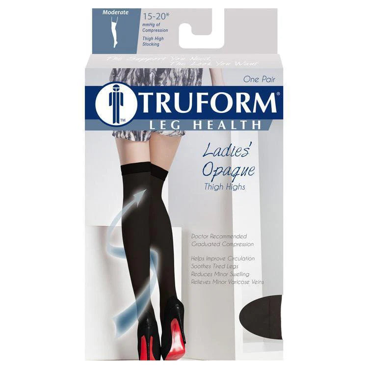 Truform leg health packaging for ladies' opaque thigh highs on a white background