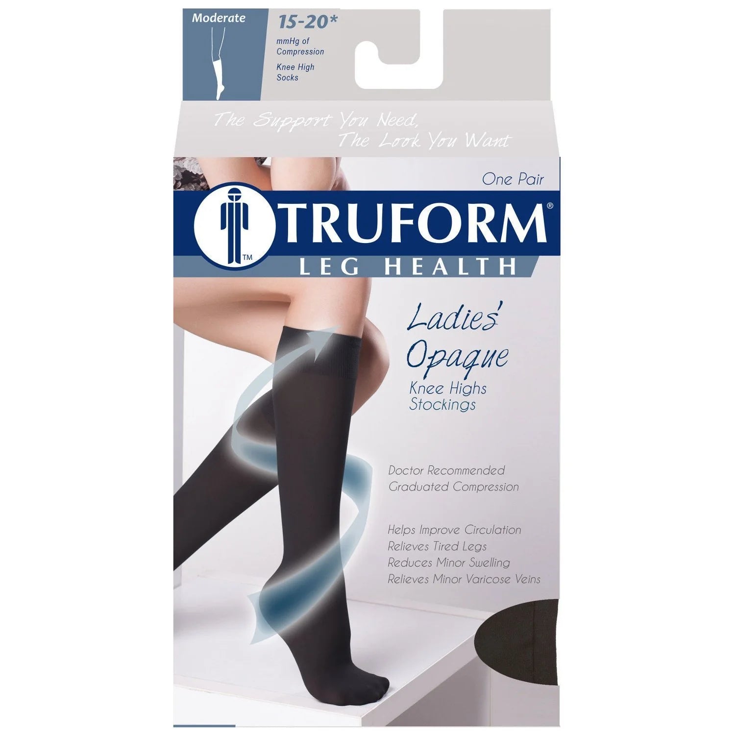 Truform leg health stocking packaging with a model wearing the stockings.
