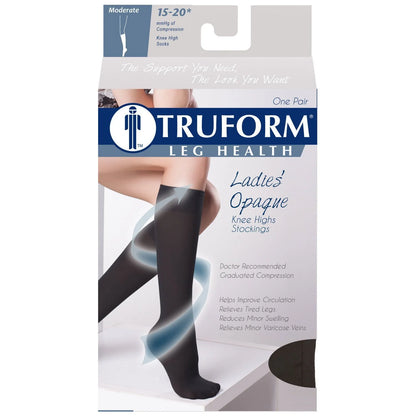Truform leg health stocking packaging with a model wearing the stockings.