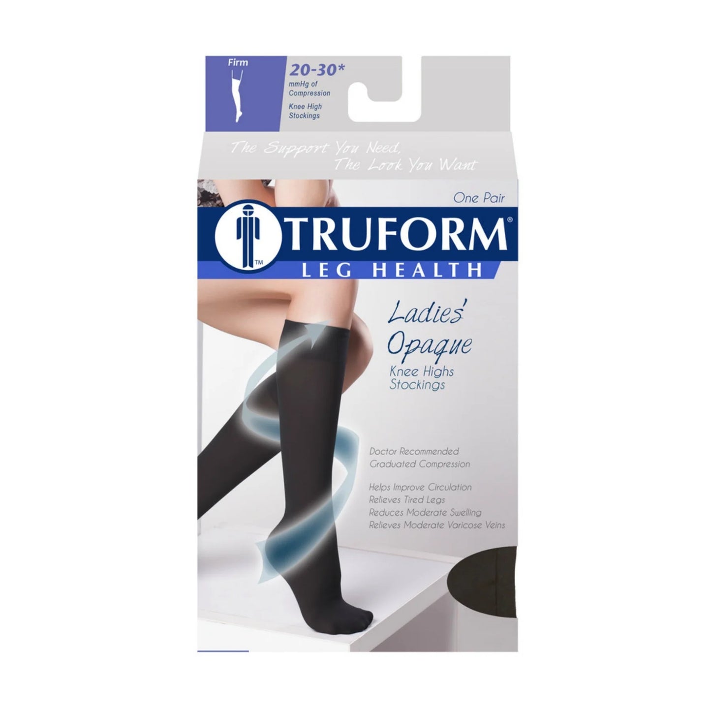 Truform leg health packaging for ladies' opaque knee-high stockings on a white background