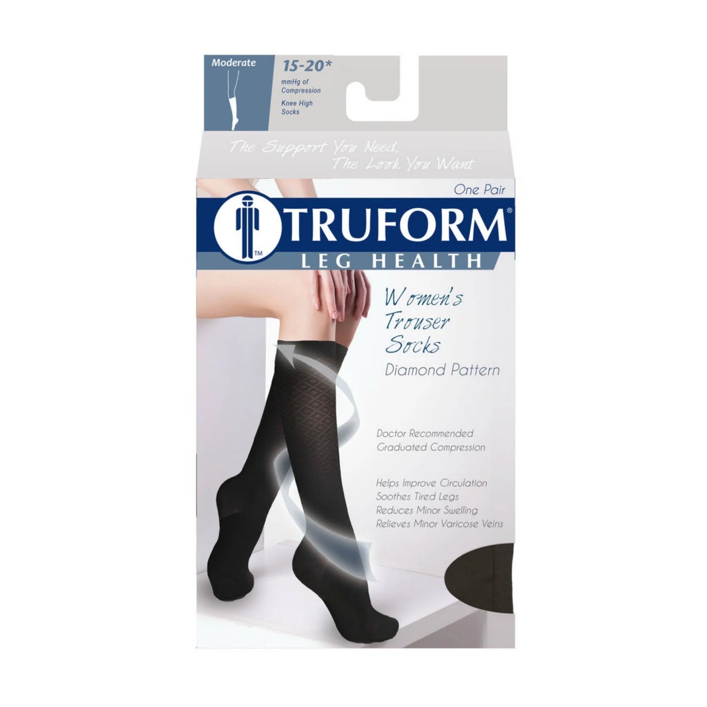 Truform women's trouser socks packaging with a person wearing the socks.