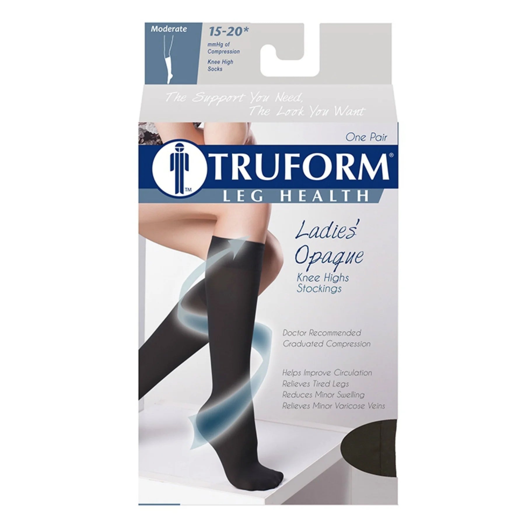 Truform leg health packaging for ladies' opaque knee-high stockings on a white background