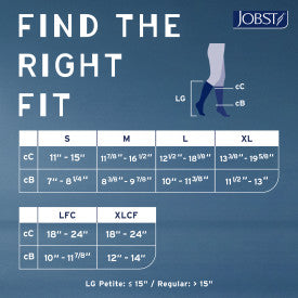 Jobst leg compression stocking size chart with measurements on a blue background