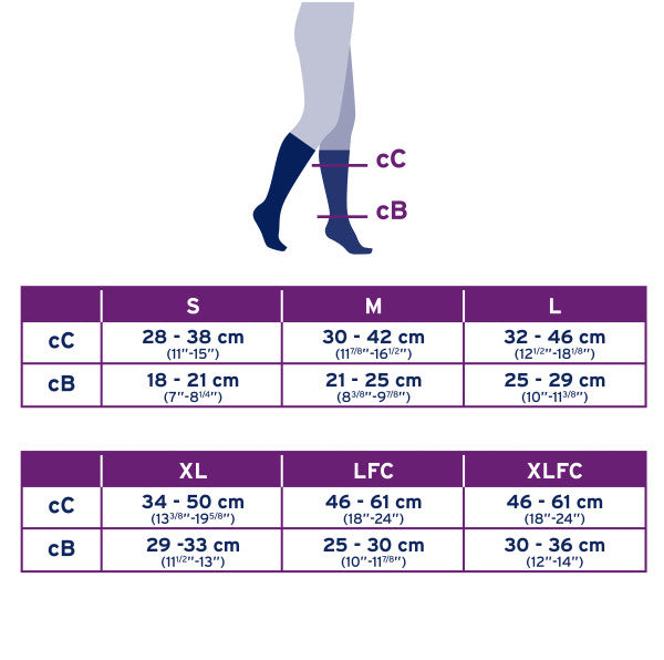 Measurement chart for socks with a silhouette of a person wearing socks and measurement labels.