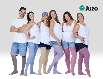 Group of people wearing compression garments with the Juzo logo. Explore the Juzo Compressionsale collection of compression hosiery and accessories designed for comfort, support, and everyday wear.