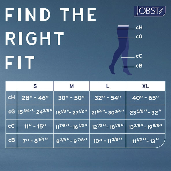 Jobst size chart for compression stockings with measurement guide on a blue background
