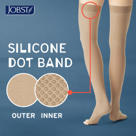 Jobst silicone dot band compression stocking with close-up of design on a blue background