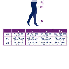 Measurement chart for tights with a person wearing tights and labeled measurements.