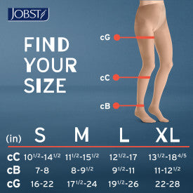 Jobst size chart for compression stockings with labeled measurements on a blue background