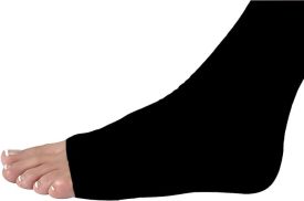 Black ankle support brace on a foot against a white background