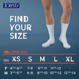 Jobst sock size chart with foot measurements on a blue background