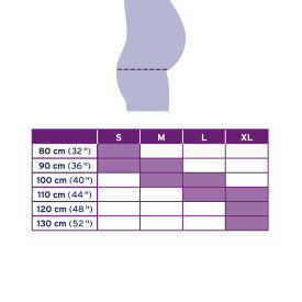 Clothing size measurement chart with purple garment outline from Compressionsale on a white background