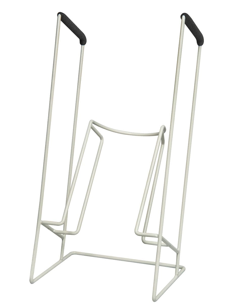White metal stand with black handles on a white background