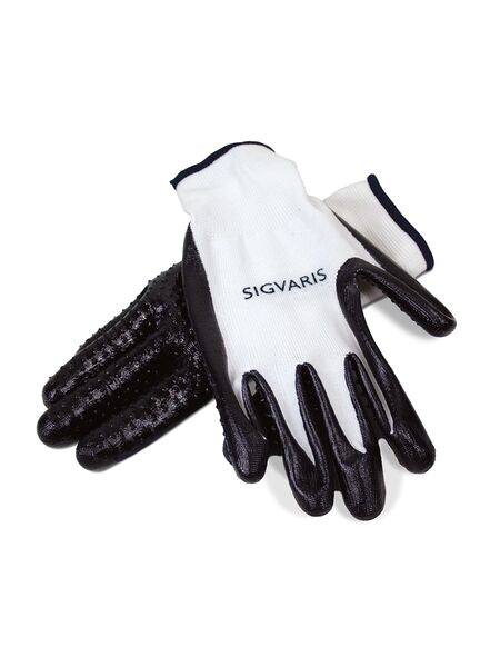 Pair of gloves with black and white pattern on a white background, featuring the Sigvaris logo.