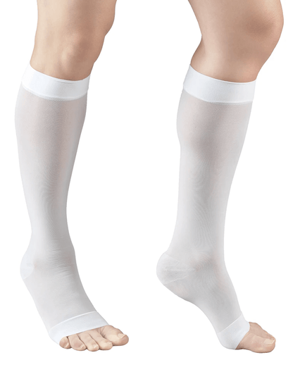 Navy white compression stockings being worn on a white background