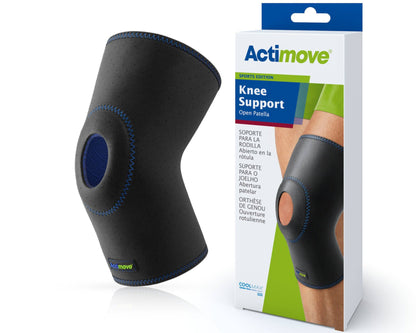 Black knee support with blue interior and Actimove packaging on a white background